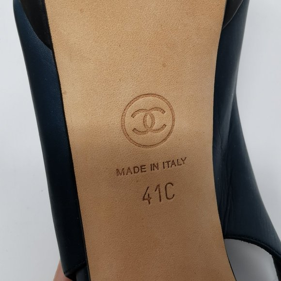 CHANEL Navy Blue Leather Chain Link Slingback Peep Toe Pumps Heels - Picture 11 of 11